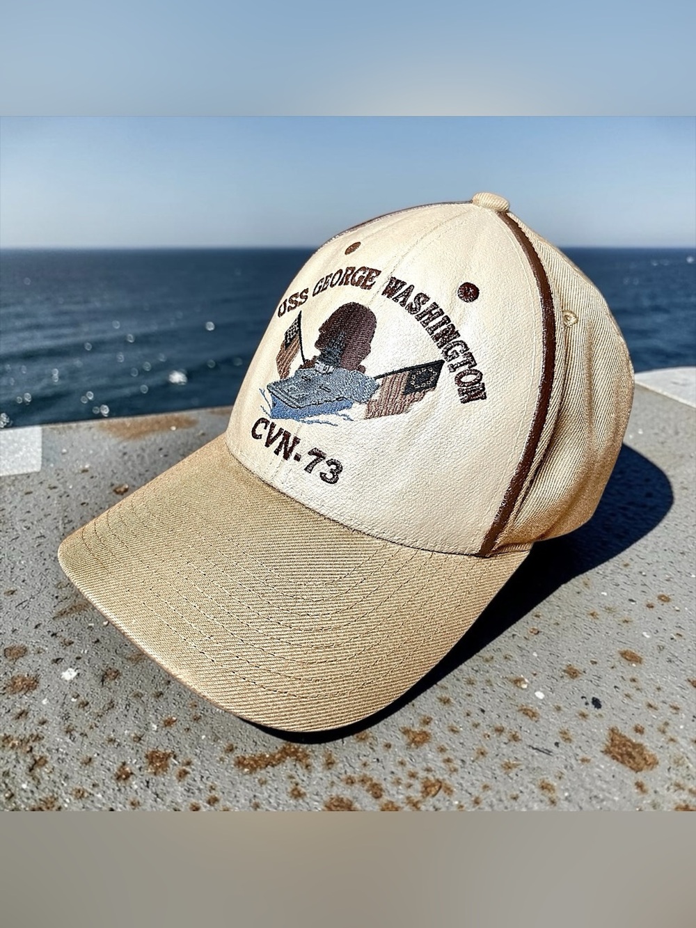 US Navy Military USS George Washington Warship Baseball Hat Beige Brown Green OS